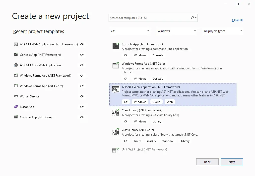 how to create asp.net web form in visual studio 2019