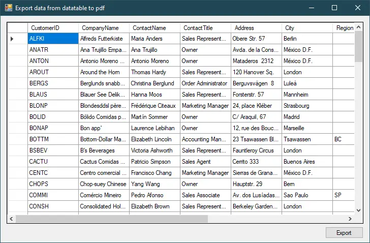 c# export datatable to pdf