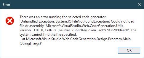 Could not load file or assembly Microsoft.VisualStudio.Web.CodeGeneratio.Utils