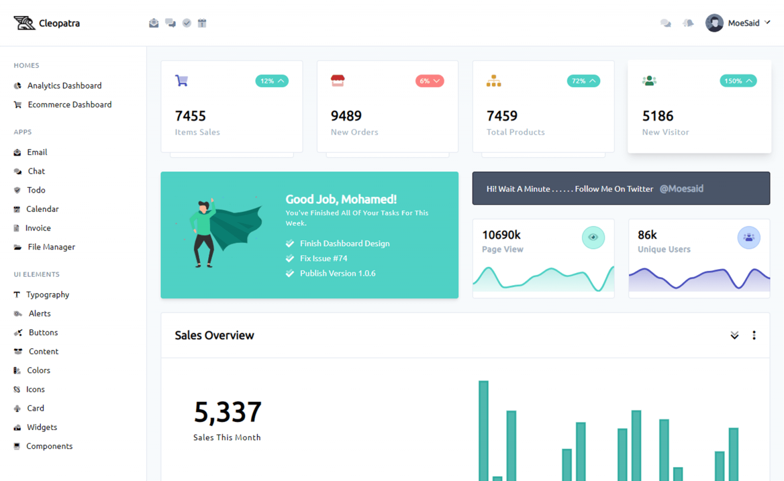 cleopatra responsive tailwind css admin dashboard template