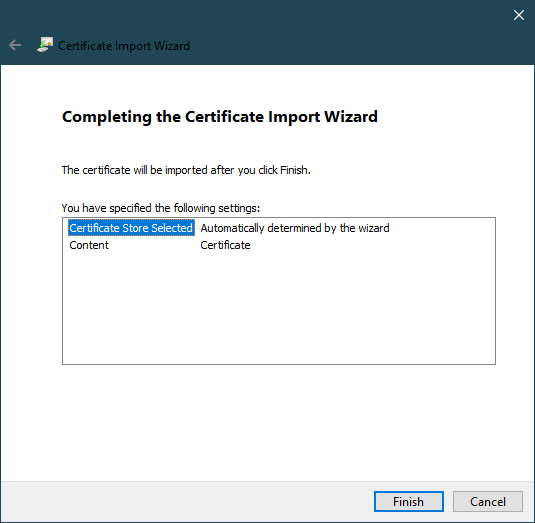 completing the certificate import wizard