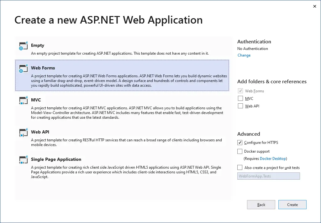 how to create asp.net web form in visual studio 2019