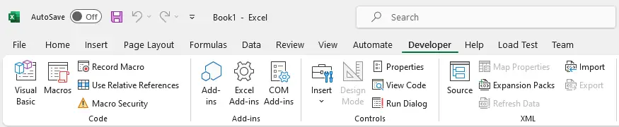 insert developer tab in excel