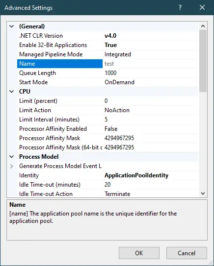 iis advanced settings