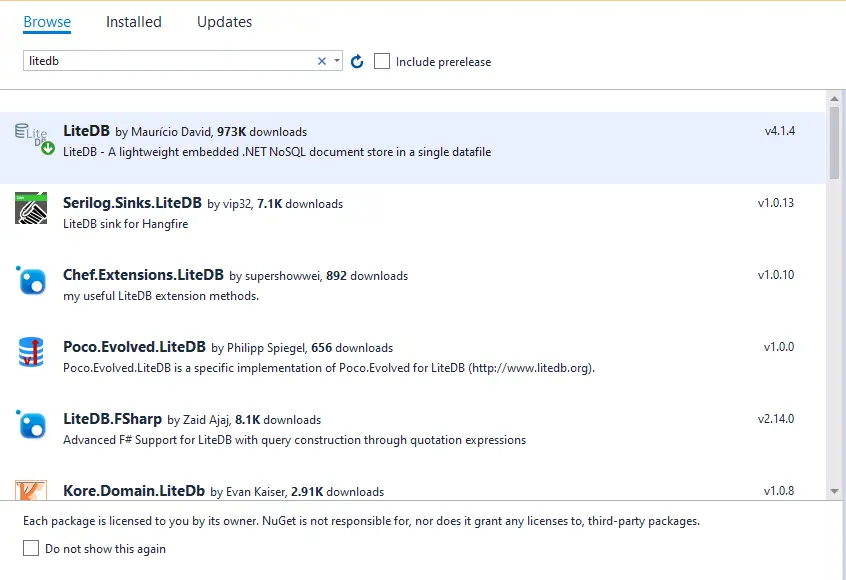 install litedb via nuget manage packages