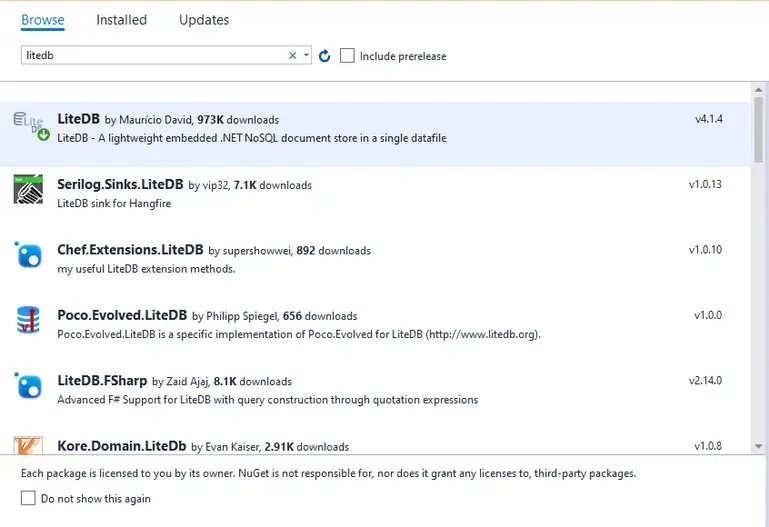 install litedb via nuget manage packages