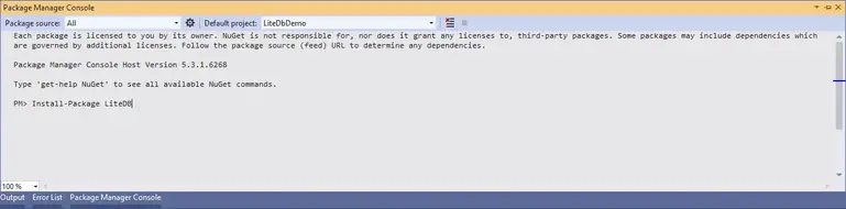 install litedb via package manager console
