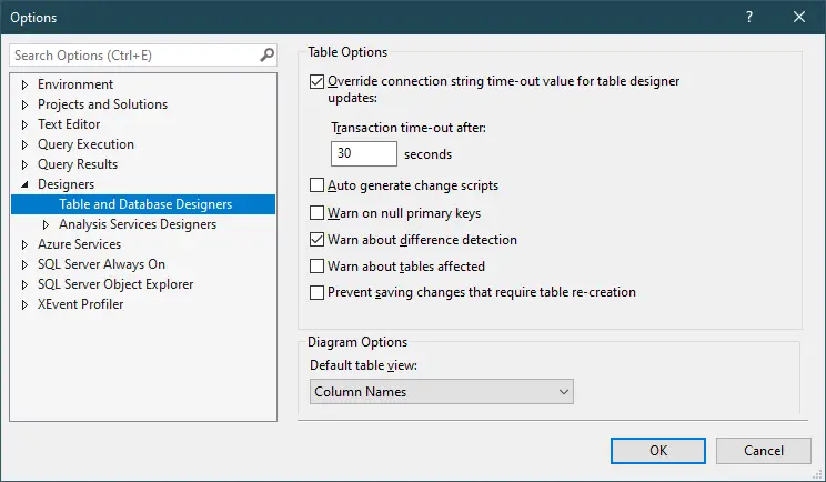 prevent saving changes that require table re-creation