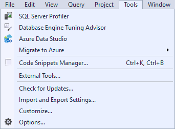 sql server tools options