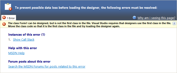 the class form1 can be designed, but is not the first class in the file