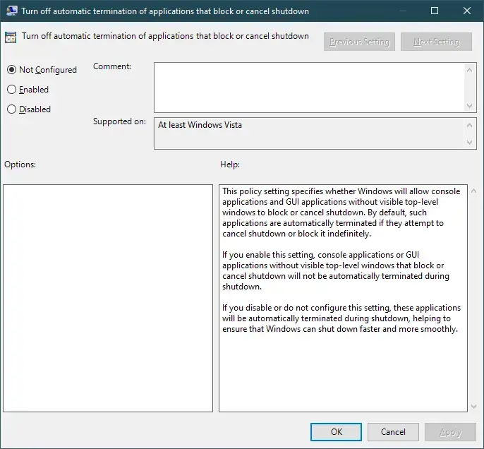 turn off automatic termination of application that block or cancel shutdown