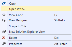 visual studio open with